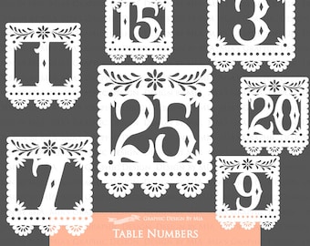 White Table Numbers, Wedding Table Numbers, Papel Picado, Fiesta Clip Art - Instant  Download - CA198