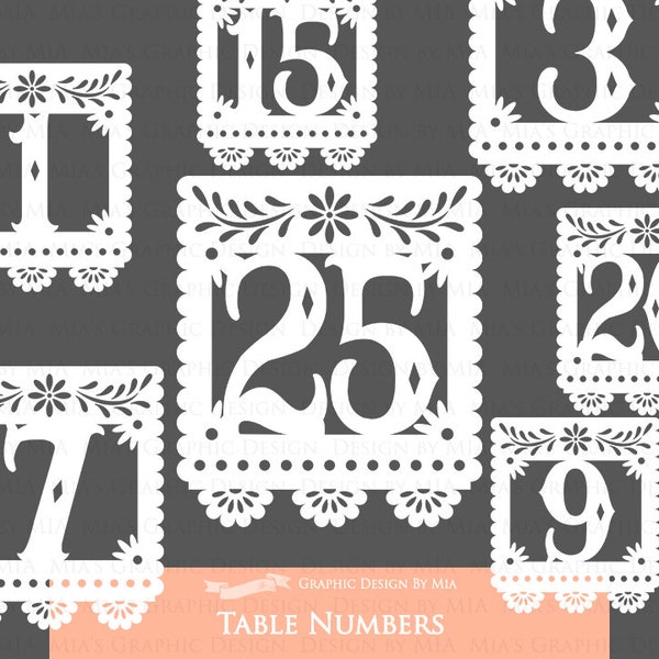 White Table Numbers, Wedding Table Numbers, Papel Picado, Fiesta Clip Art - Instant  Download - CA198