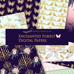 Pu&ograve; includere: Un set di 10 carte digitali con una variet&agrave; di motivi, tra cui farfalle, uccelli, gabbie, chiavi, lampadari e motivi floreali. Le carte hanno un tema di foresta incantata e capricciosa con una tavolozza di colori oro, rosa, blu e bianco.