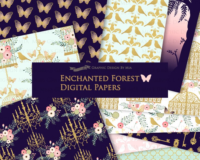 Pu&ograve; includere: Un set di 10 carte digitali con una variet&agrave; di motivi, tra cui farfalle, uccelli, gabbie, chiavi, lampadari e motivi floreali. Le carte hanno un tema di foresta incantata e capricciosa con una tavolozza di colori oro, rosa, blu e bianco.