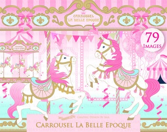 Carousel, Merry Go Round, Pink, Carousel Digital, Paris, Carrousel La Belle Epoque Clip Art - Instant Download - CA152