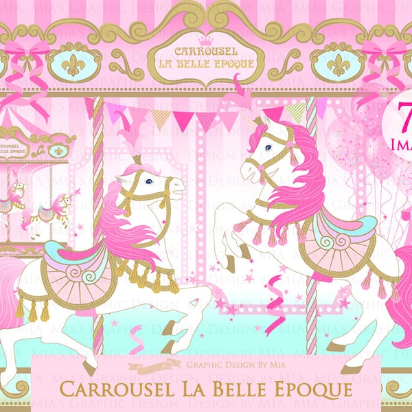 Carousel, Merry Go Round, Pink, Carousel Digital, Paris, Carrousel La Belle Epoque Clip Art - Instant Download - CA152