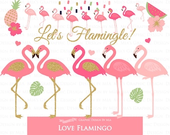 Flamingo, Love Flamingo, Coral, Peach, Glitter Gold, Pink Pineapple, Hawaiian Party, Tropical Clip Art - Instant Download - CA189