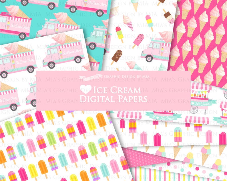 Ice Cream, Ice Cream Truck, Ice Cream Party, Popsicle, Ice Cream Cart, Ice Cream Cone Digital Paper Pack Instant Download DP207 image 2