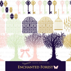 Pu&ograve; includere: Un set di clipart digitale con elementi di foresta fantasiosi in rosa, verde, oro e viola. Il set include alberi, cancelli, chiavi, una gabbia per uccelli, un lampadario e una farfalla. Il testo "ENCHANTED FOREST" &egrave; incluso nell'immagine.