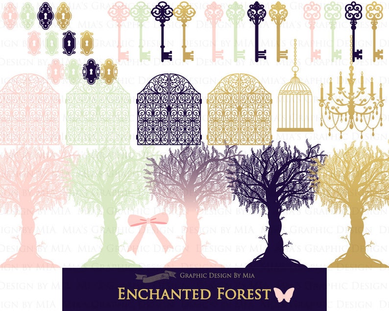 Pu&ograve; includere: Un set di clipart digitale con elementi di foresta fantasiosi in rosa, verde, oro e viola. Il set include alberi, cancelli, chiavi, una gabbia per uccelli, un lampadario e una farfalla. Il testo "ENCHANTED FOREST" &egrave; incluso nell'immagine.
