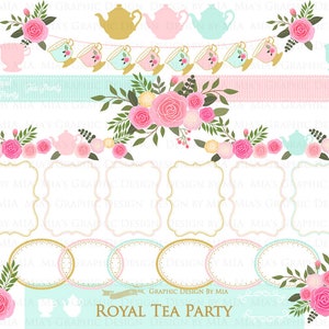 Tea, Tea Party, Tea Cup, Afternoon Tea, Rose, Pink & Mint Tea Clip Art Digital Paper Set Instant Download image 5