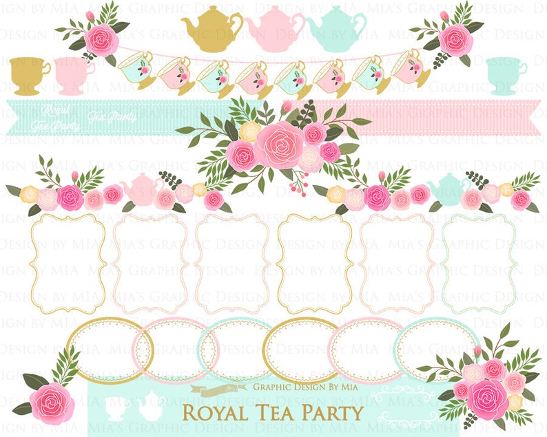 Tea, Tea Party, Tea Cup, Afternoon Tea, Rose, Pink & Mint Tea Clip Art Digital Paper Set Instant Download image 5