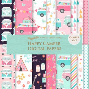 May include: A set of 12 digital papers featuring a happy camper van theme. The papers include various patterns with pink, blue, and white colors. Some patterns feature musical notes, flowers, and polka dots. The text "Happy Camper Digital Papers" is displayed on a teal and wood-grain background.