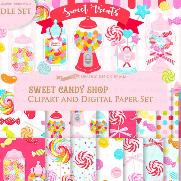 Candy, Sweet Candy, Candy Shop, Candy Store, Candy Digital, Candy Graphics, Candy Jar, Candy Clip Art + Digital Paper Set - Instant Download