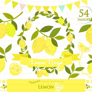 May include: A set of 54 digital illustrations featuring lemons, lemon slices, leaves, flowers, and a banner with the text "Lemon Recipe". The illustrations are in a yellow, green, and white color scheme.