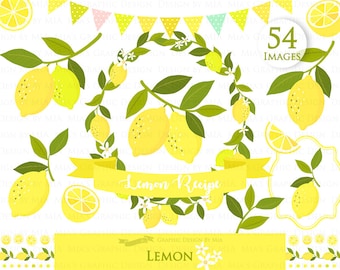 Peut inclure: Un ensemble de 54 illustrations numériques représentant des citrons, des tranches de citron, des feuilles, des fleurs et une bannière avec le texte "Lemon Recipe". Les illustrations sont dans un schéma de couleurs jaune, vert et blanc.