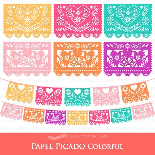 Papel Picado Clipart, Mexican Bunting Banner, Fiesta Bunting Banner, Wedding Bunting, Party Bunting, Invitations - CA078