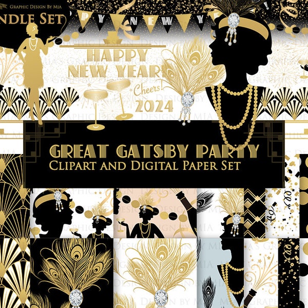 Great Gatsby, Happy New Year 2024, Flat Gold, Flapper, 1920, Roaring 20s, Art Deco, Belle Époque Clip Art + Digital Paper Set