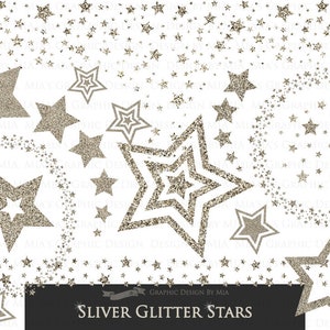 Silver Stars,  Silver Glitter, Star Digital, Stars Clip Art - Instant Download - CA024