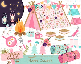 Camping Clipart, Happy Camper, Camping, Pink & Blue Clip Art - Instant Download - CA054