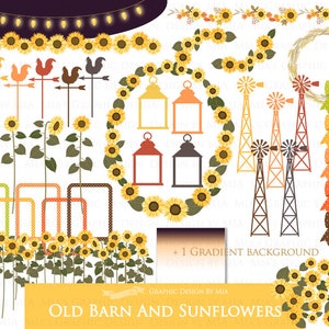 Puede incluir: Un conjunto de clipart digital con girasoles, linternas, molinos de viento, lazos y coronas. El clipart es de estilo r&uacute;stico, de granja y es perfecto para proyectos de manualidades, scrapbooking y dise&ntilde;o digital.