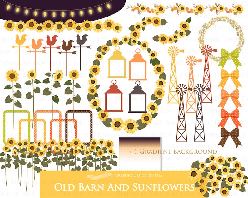 Puede incluir: Un conjunto de clipart digital con girasoles, linternas, molinos de viento, lazos y coronas. El clipart es de estilo r&uacute;stico, de granja y es perfecto para proyectos de manualidades, scrapbooking y dise&ntilde;o digital.