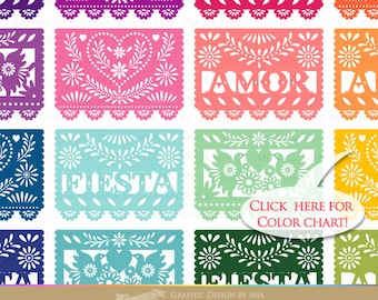 Digital Papel Picado / Set of 4 Papel Picado Clip Art / Select your colors / 46 colors / Note color numbers