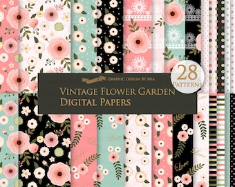 Vintage Flower Garden, Black, Pink, Antique teal, Flower Digital, Flower Patterns Digital Paper Pack - Instant Download - DP073