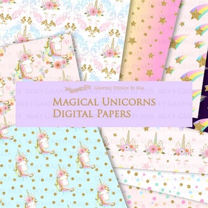 Magical Unicorns, Unicorn Horns, Unicorn faces, Unicorn heads, Gold Glitter Unicorns, Einhorn, Unicorn Digital Paper Pack DP186 image 2