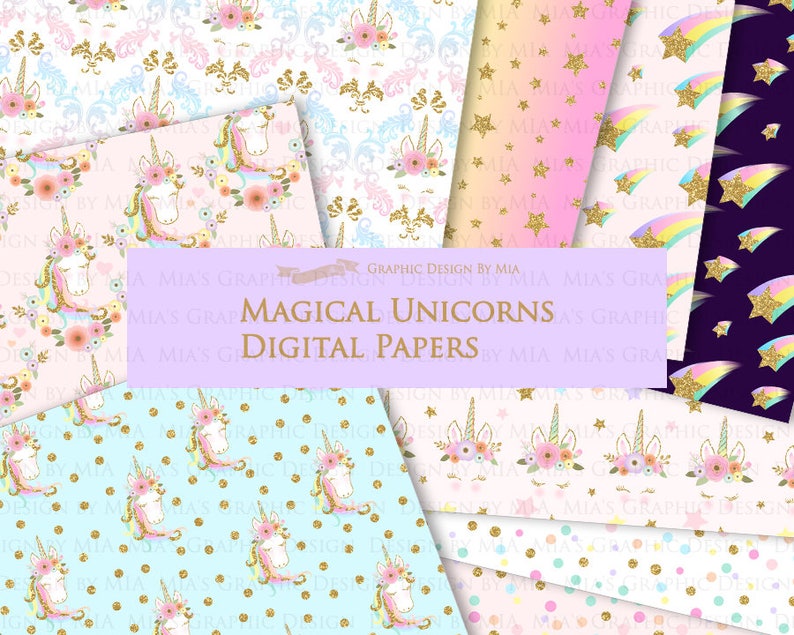 Magical Unicorns, Unicorn Horns, Unicorn faces, Unicorn heads, Gold Glitter Unicorns, Einhorn, Unicorn Digital Paper Pack DP186 image 2