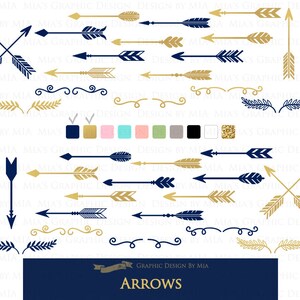 May include: A set of 20 gold and navy blue arrow graphics. The arrows are in various styles and sizes. The graphics are perfect for use in digital design projects, such as invitations, cards, and social media graphics.