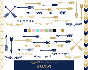 Arrows Indigo & Flat Gold, Arrows Digital Clip Art - Instant Download - CA044