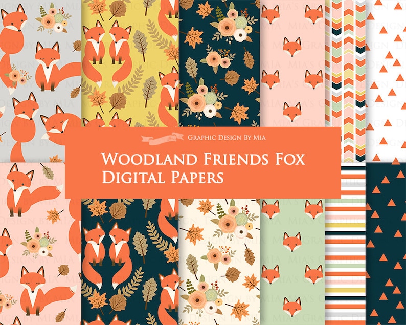 Fox Digital Paper, Red Fox, Woodland Friends, Fox Digital, Fox, Autumn, Fall Digital Paper Pack Instant Download DP176 Bild 1