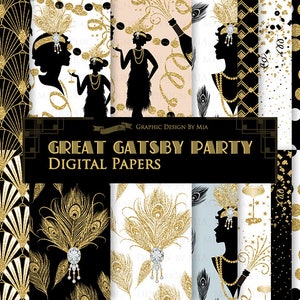 Great Gatsby, Happy New Year, Birthday Party, Glitter Gold, Flapper, 1920, Roaring 20s, Art Deco, Belle Époque Digital Paper Pack - DP191