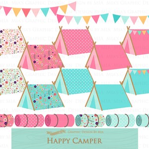 May include: A set of colorful camping themed clipart featuring pink and blue tents with floral and polka dot patterns, sleeping bags, and a banner with the text "Happy Camper".