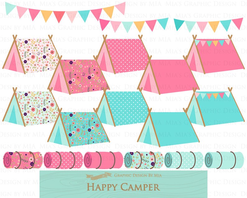 May include: A set of colorful camping themed clipart featuring pink and blue tents with floral and polka dot patterns, sleeping bags, and a banner with the text "Happy Camper".