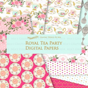 Tea, Tea Party, Tea Cup, Afternoon Tea, Rose, Pink & Mint Tea Clip Art Digital Paper Set Instant Download image 7