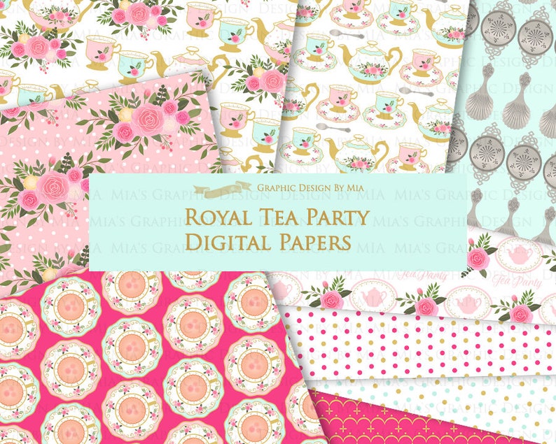 Tea, Tea Party, Tea Cup, Afternoon Tea, Rose, Pink & Mint Tea Clip Art Digital Paper Set Instant Download image 7