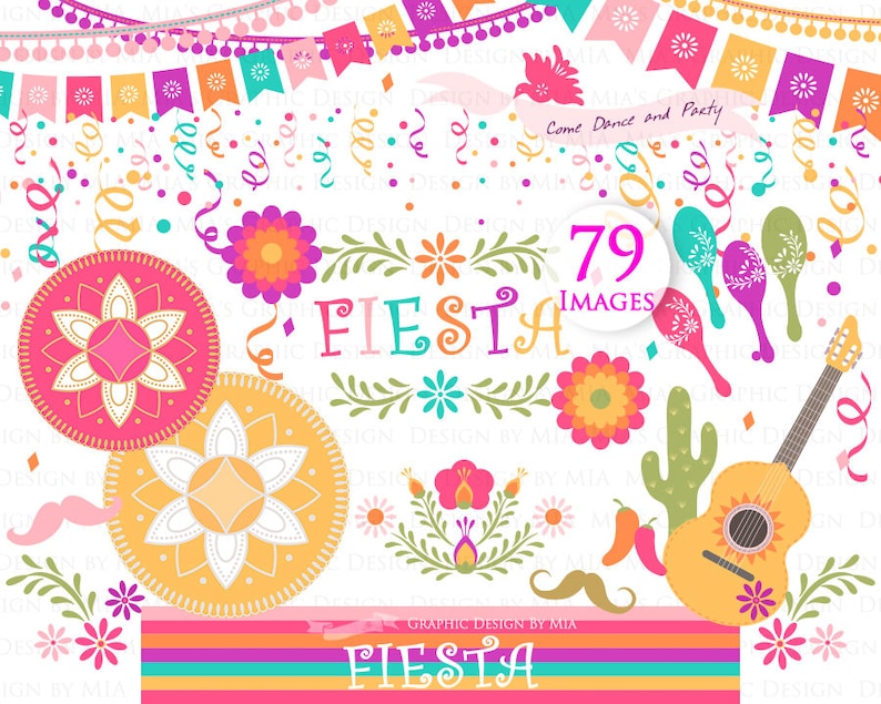 Fiesta Clip Art, Sombrero, Mariachi Guitar, Mexican Hat, Wedding, Maracas, Mexican Party Clip Art Instant Download CA077 image 1