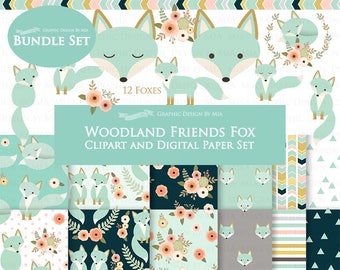 Fox Clipart, Mint Fox, Woodland Friends, Fox Digital, Fox Clip Art + Digital Paper Set - Instant Download