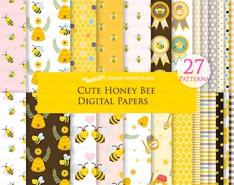 Cute Bee, Bee, Honey Bee, Beehive Digital Paper Pack - Instant Download - DP086