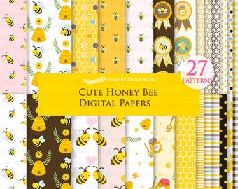 Cute Bee, Bee, Honey Bee, Beehive Digital Paper Pack - Instant Download - DP086