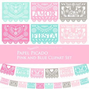 Pink and Blue 6 Colors Papel Picado / Fiesta Bunting / Colorful FIESTA Papel Picado Clip Art Set - Instant  Download