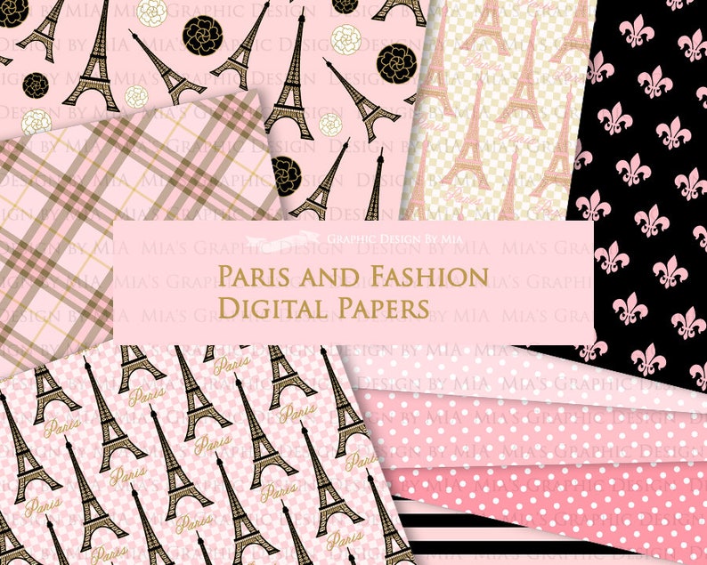 Paris, Fashion Digital Paper, Eiffel Tower, Monogram Bag, Quilted Handbag, Fashion Clip Art Digital Paper Set Instant Download image 9