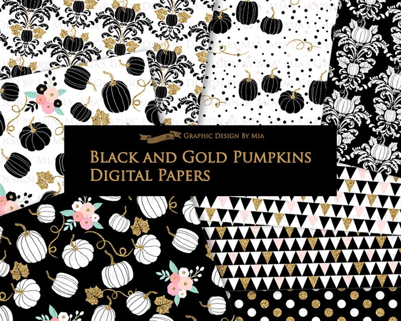 Black and Gold Pumpkins, Pumpkin, Black Pumpkin, Gold Pumpkin, Pumpkin Digital, Pumpkin Clip Art Digital Paper Set image 8