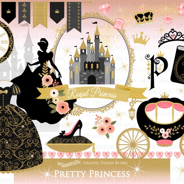 Princess, Princess Dress, Birthday Part, Princess Party, Royal, Black and Gold, Princess Clip Art Pack - Instant Download -CA192