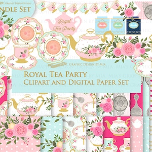 Tea, Tea Party, Tea Cup, Afternoon Tea, Rose, Pink & Mint Tea Clip Art Digital Paper Set Instant Download image 1