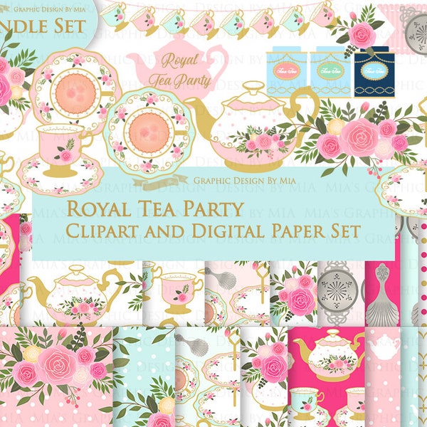 Tea, Tea Party, Tea Cup, Afternoon Tea, Rose, Pink & Mint Tea Clip Art + Digital Paper Set - Instant Download