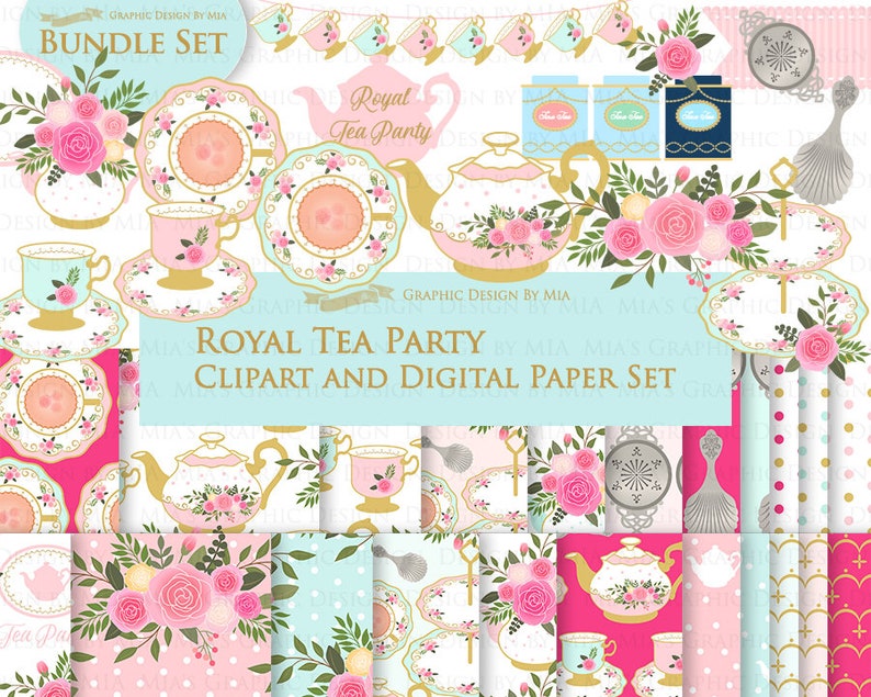 Tea, Tea Party, Tea Cup, Afternoon Tea, Rose, Pink & Mint Tea Clip Art Digital Paper Set Instant Download image 1