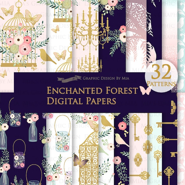 Enchanted Forest, Tree, Butterfly, Antique Bird Cage, Chandelier Digital Paper Pack - Instant Download - DP148