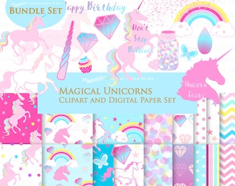 Magical Unicorns, Pink Unicorns, Einhorn, Unicorn Digital, Unicorn Clip Art + Digital Paper Set - Instant Download