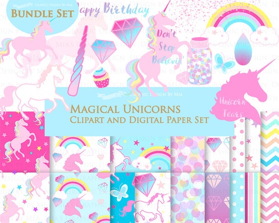 Magical Unicorns Pink Unicorns Einhorn Unicorn Digital Unicorn Clip Art Digital Paper Set Instant Download By Mia Graphic Desin Catch My Party