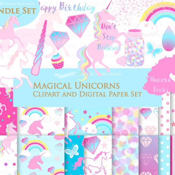 Magical Unicorns, Pink Unicorns, Einhorn, Unicorn Digital, Unicorn Clip Art + Digital Paper Set - Instant Download