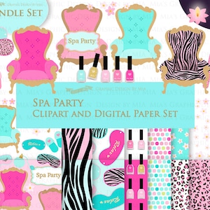 Spa, Spa Party, Spa Day, Spa Chair, Spa Birthday Party Clip Art + Digital Paper Set